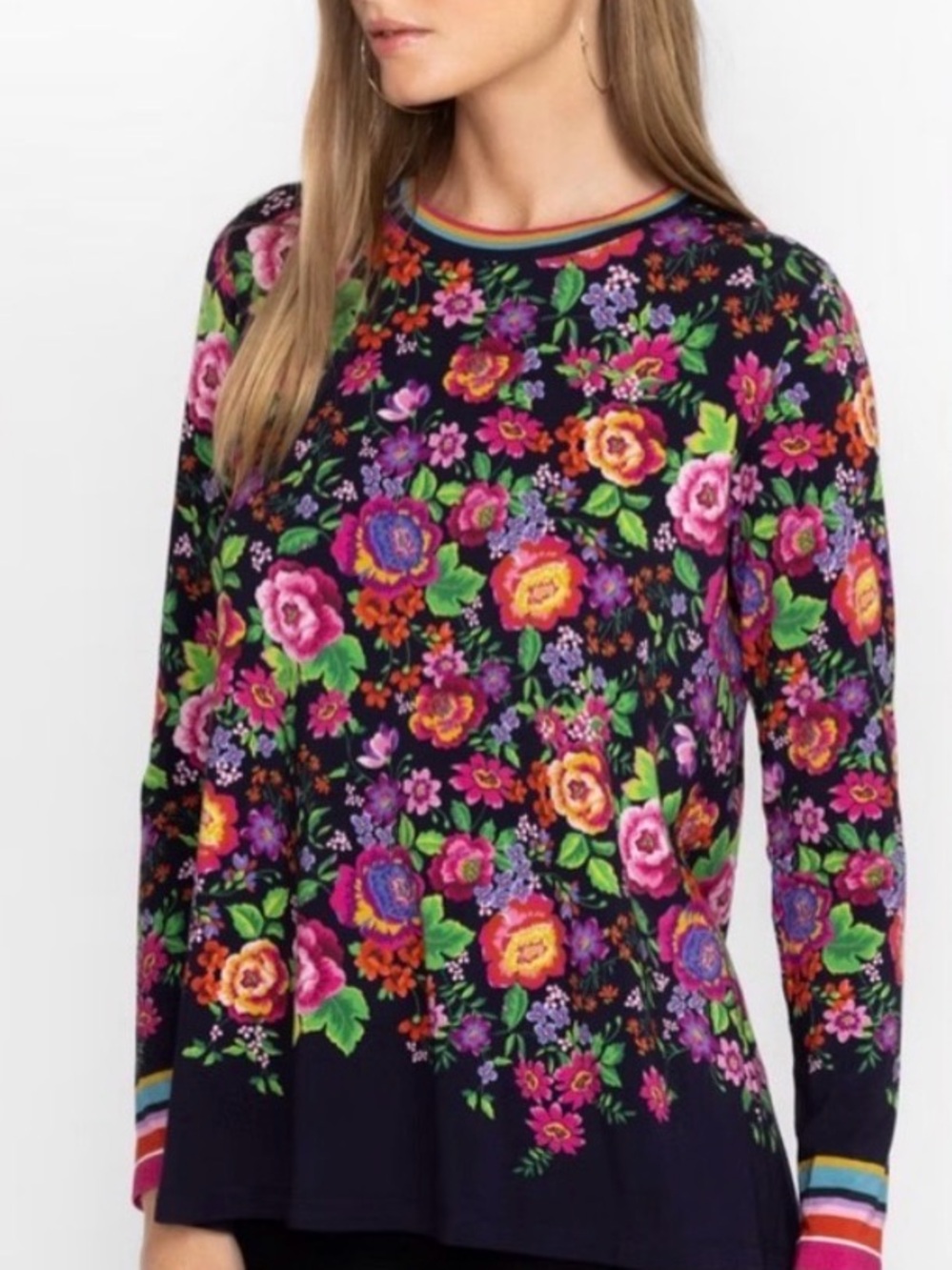 Johnny Was The Janie Floral Crewneck Long-Sleeve Top in Multicolor Sz S